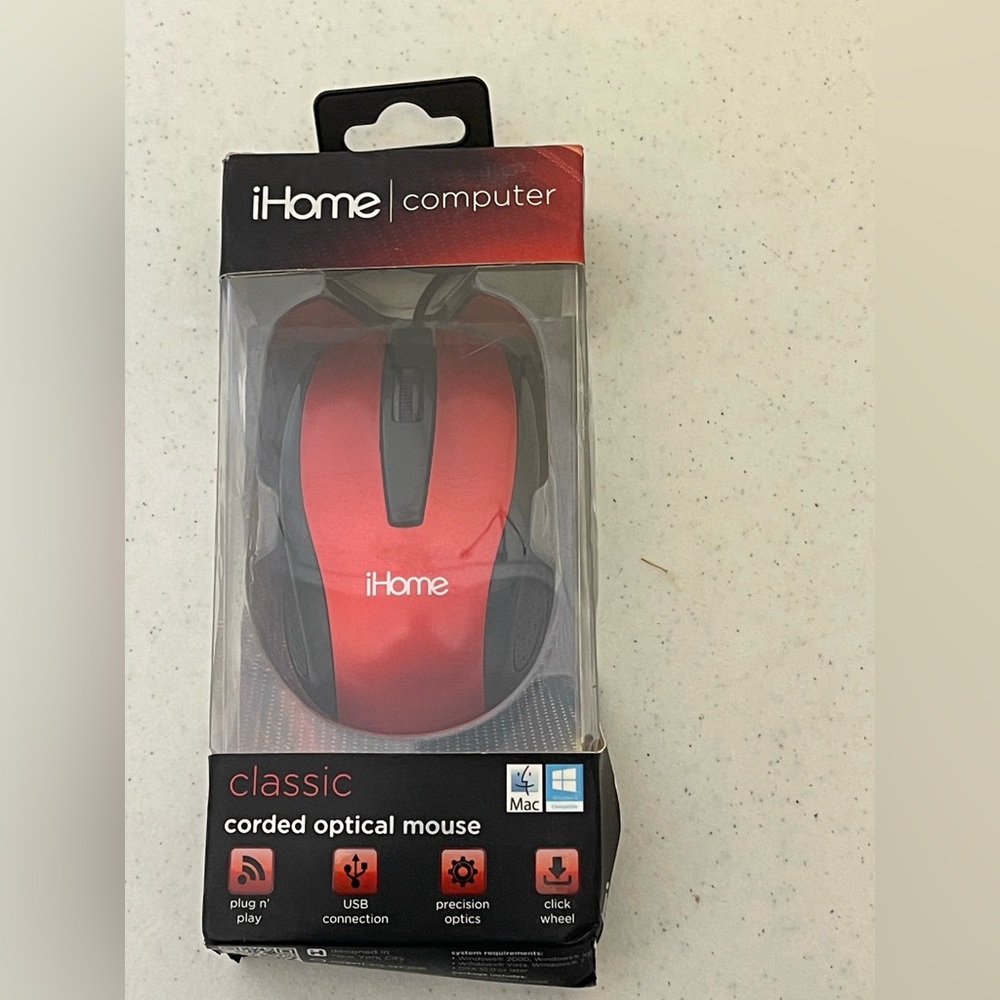 iHome Red Corded Optical Mouse * NEW *